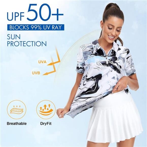 Womens Golf Shirt UPF50+ Sun Protection Short Sleeve 1/4 Zip Up Polo Workout Top - Picture 3 of 7